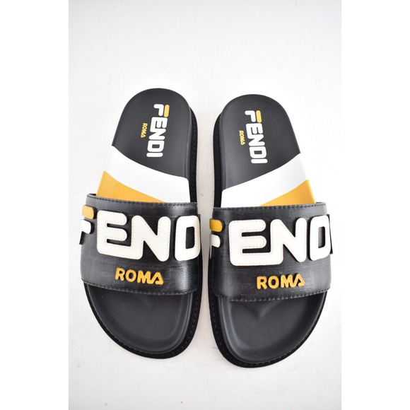 Fendi Mania Fila Black Coated Canvas FF Logo Mule Slide Flat Flip Flop Sandal 37 - Picture 8 of 12